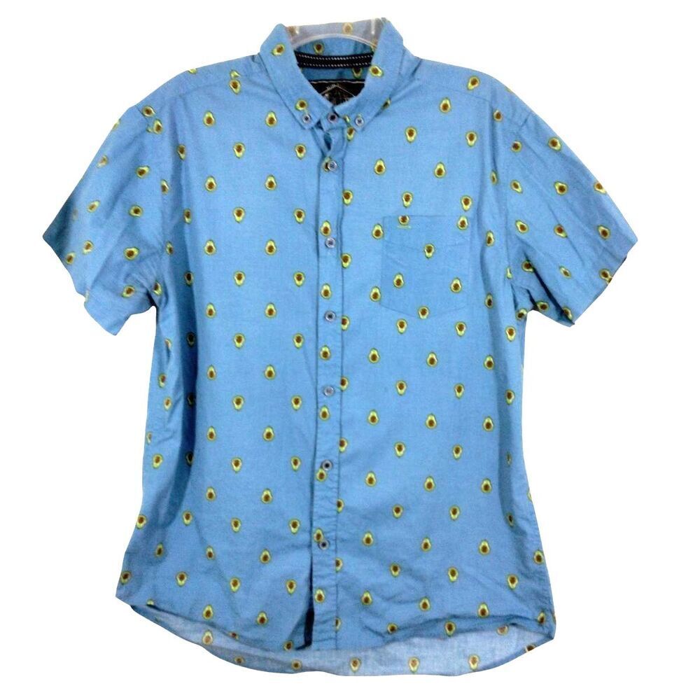 5 Point Mens Large Button Front Shirt Avocados Print Blue Short Slim Fit + Flex